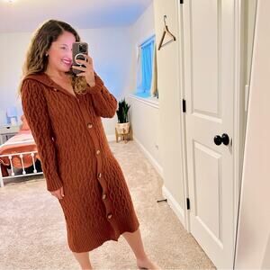 Anthropologie Brown Orange Cable Knit Button Front Cardigan Maxi Dress Hoodie S
